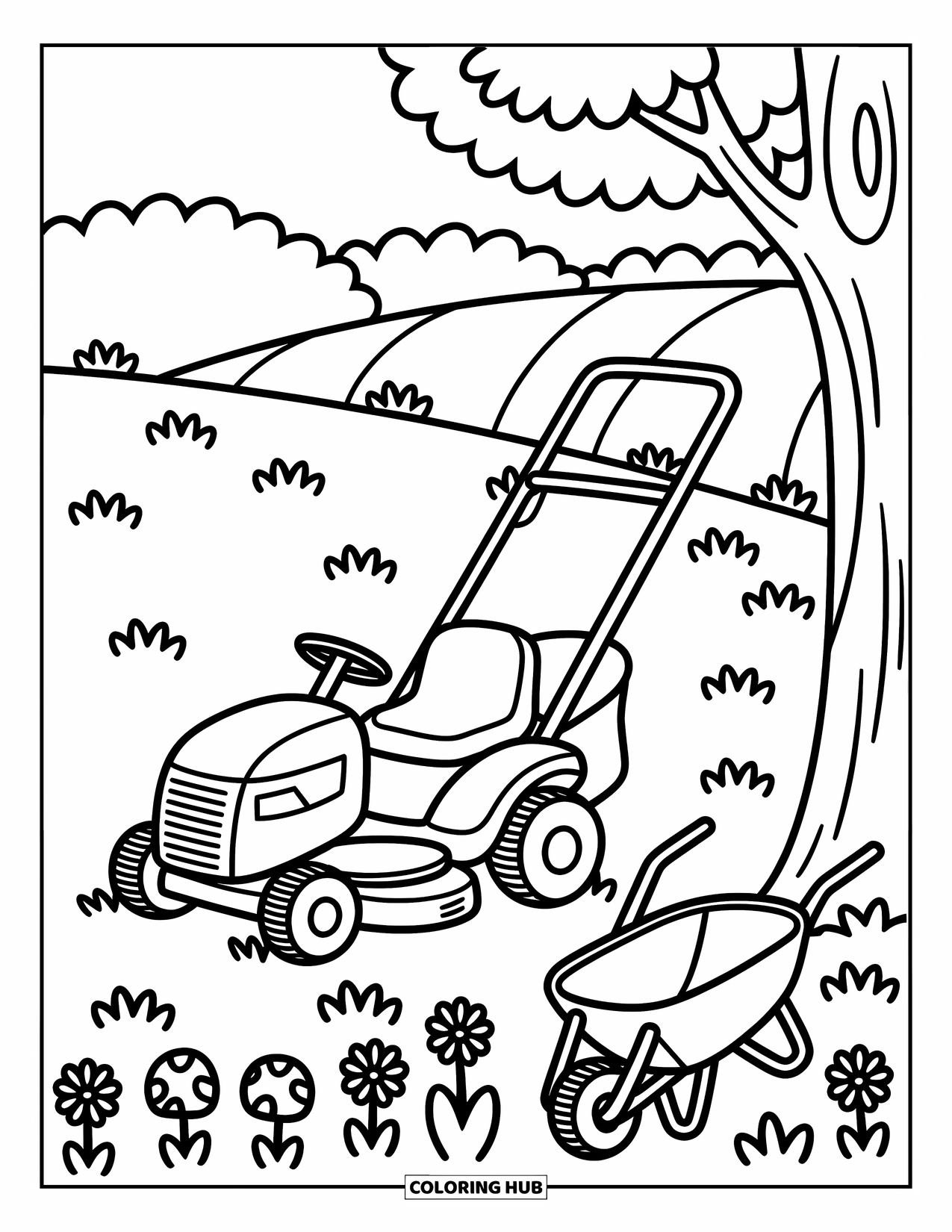 Lawn Mower Coloring Page for Adults: Riding mower rests on a hill with tufts of grass and a leaning wheelbarrow