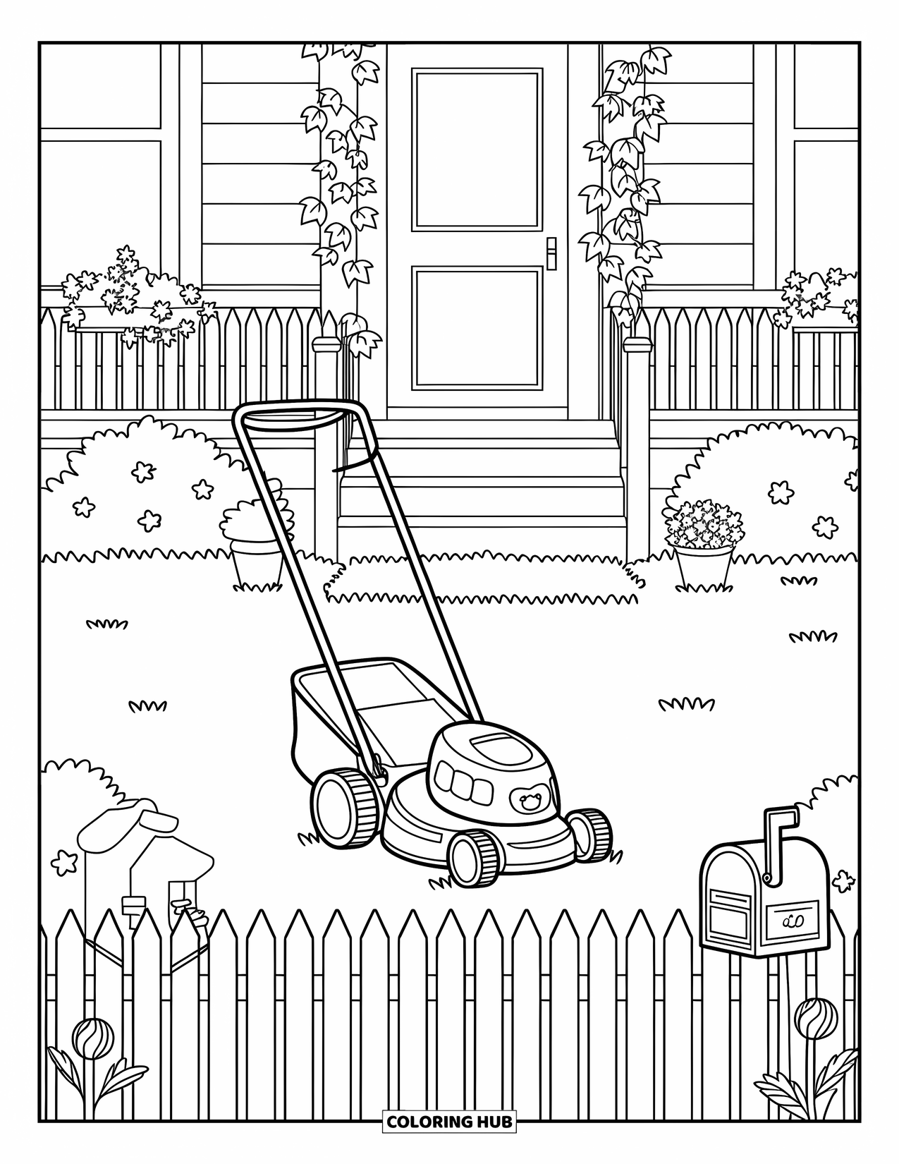 Lawn Mower Coloring Page for Adults: Tiny mower crosses a wide lawn, framed by a picket fence and playful garden accents