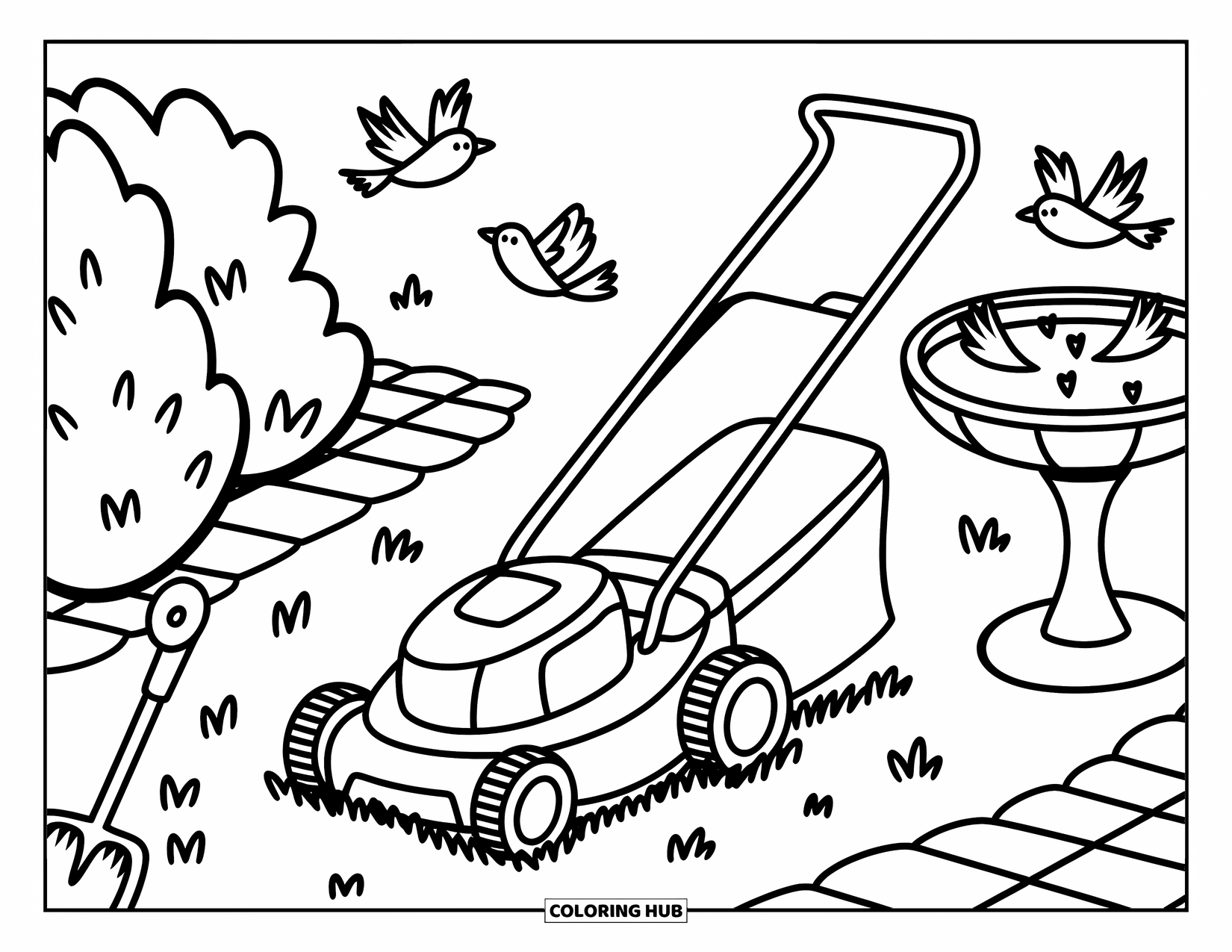 Lawn Mower Coloring Page for Adults: Whimsical mower rests by shrubs, birdbath, and playful garden tools in a cozy yard