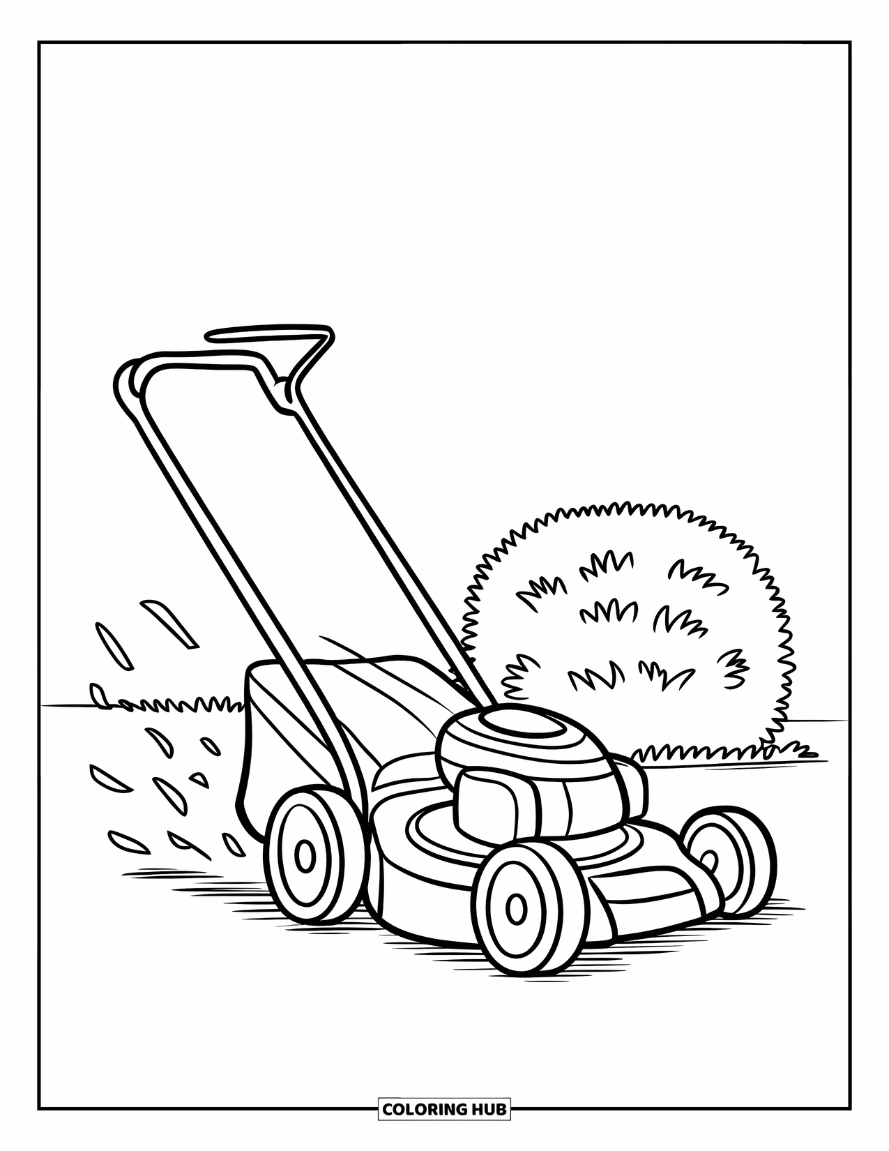 Lawn Mower Coloring Page for Kids: A simple mower rushes forward, leaving clippings in the air and a bush nearby