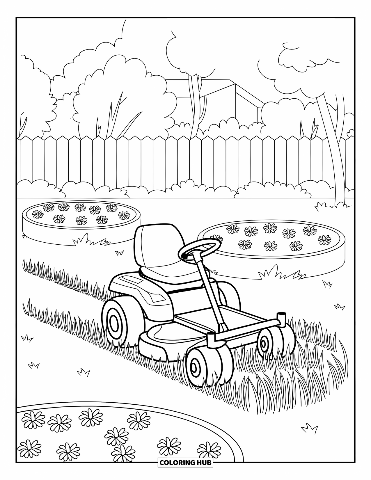 Lawn Mower Coloring Page for Kids: Backyard mower rides near round flower beds and a house