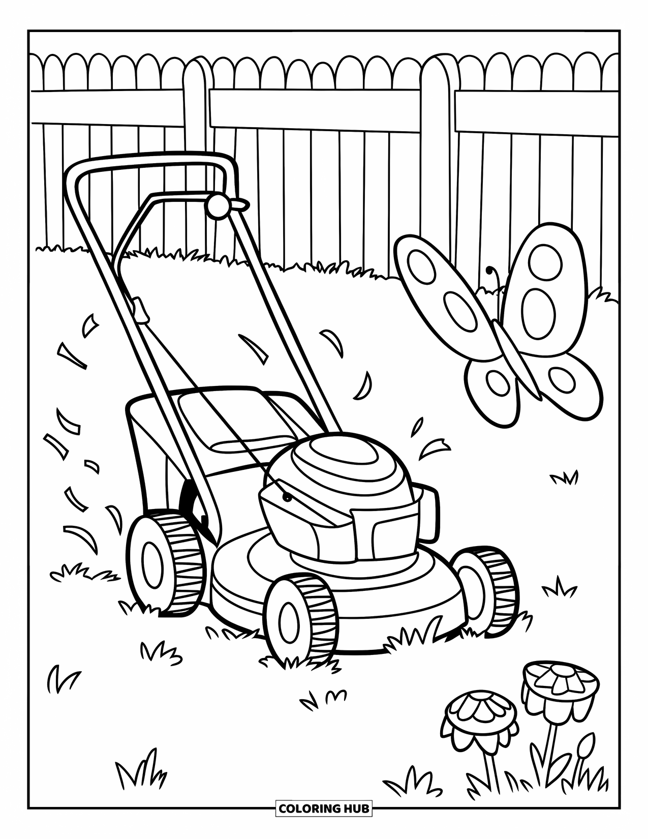 Lawn Mower Coloring Page for Kids: Butterfly flutters past a round mower and flower in a cozy fenced yard