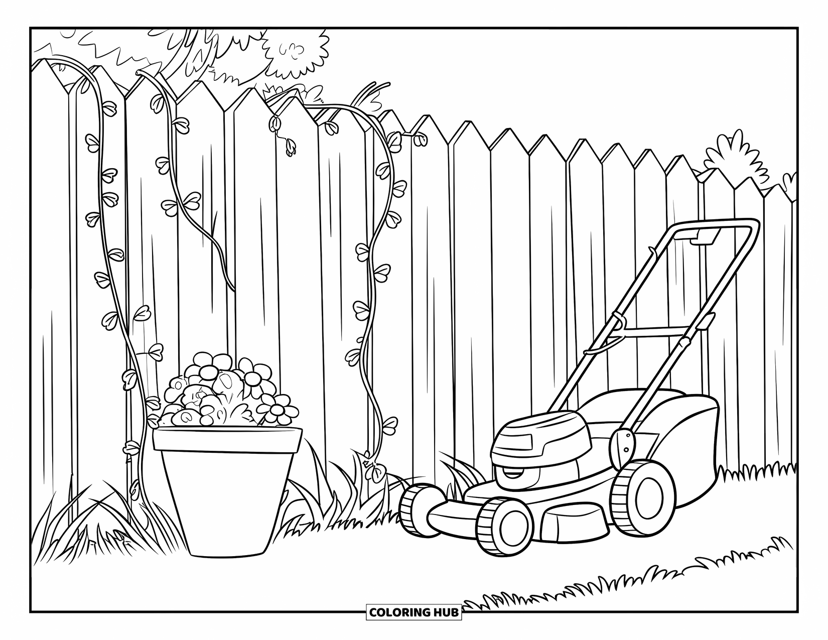 Lawn Mower Coloring Page for Kids: Cheerful mower beside a tall wooden fence with vines and flowers