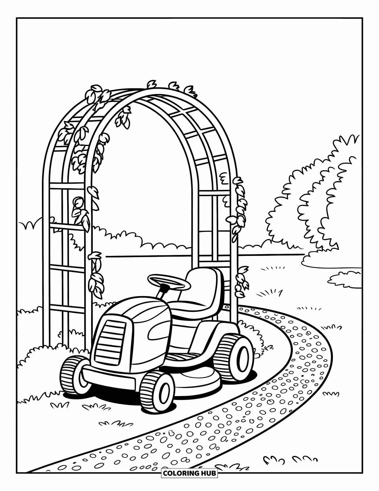 Lawn Mower Coloring Page for Kids: Curvy mower rests by a vine-covered arch and winding gravel path