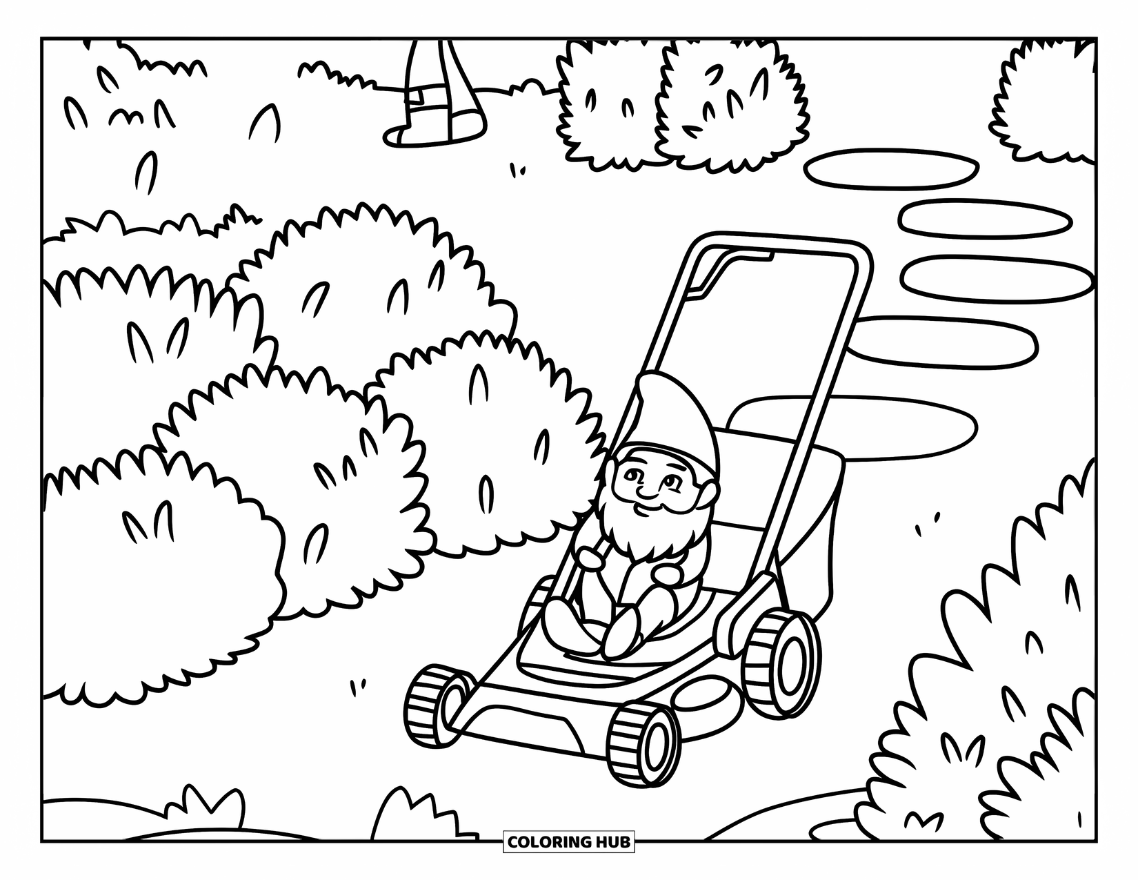 Lawn Mower Coloring Page for Kids: Garden gnome rides a mower near shaped bushes and stone path