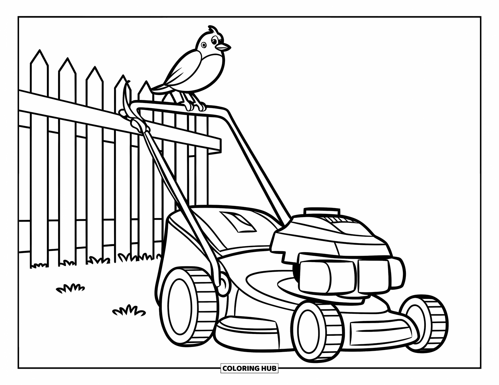Lawn Mower Coloring Page for Kids: Lawn mower waits by a fence with a round bird perched on its handle