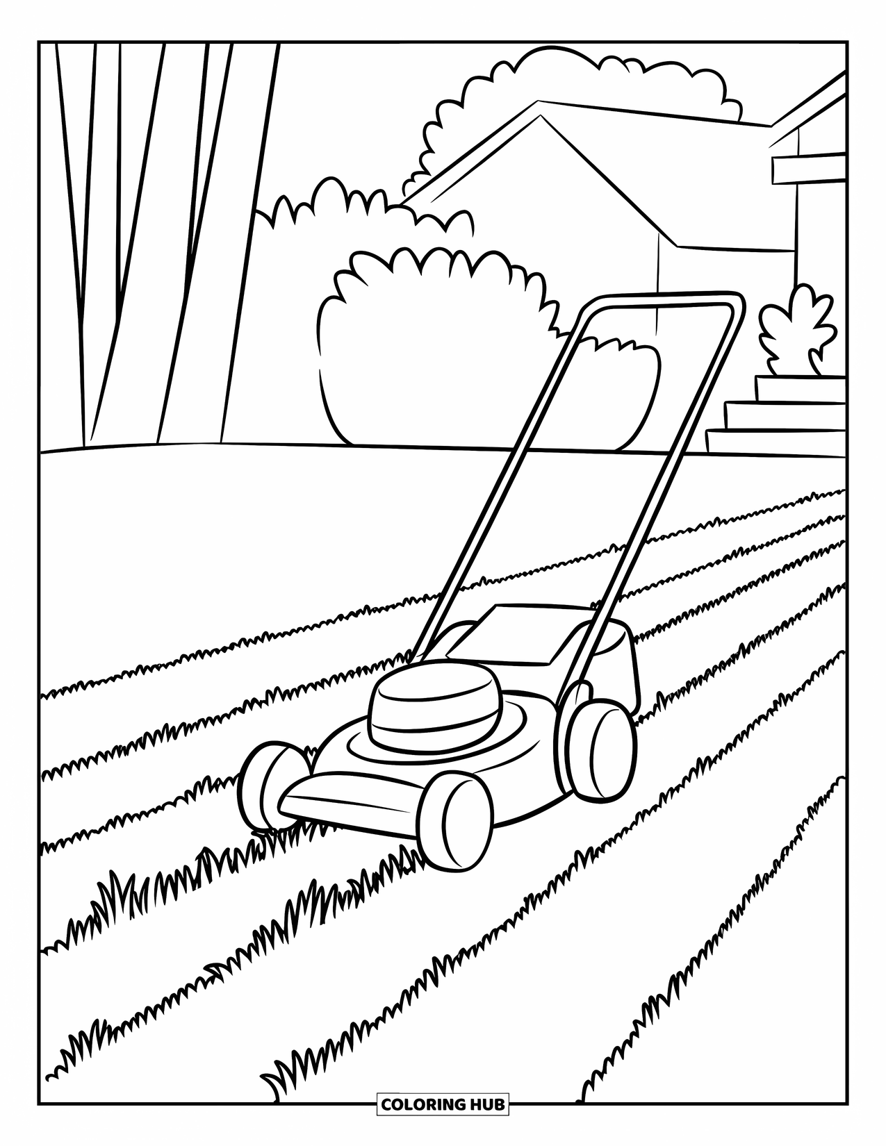 Lawn Mower Coloring Page for Kids: Mower follows a striped path through tall and short grass near a house