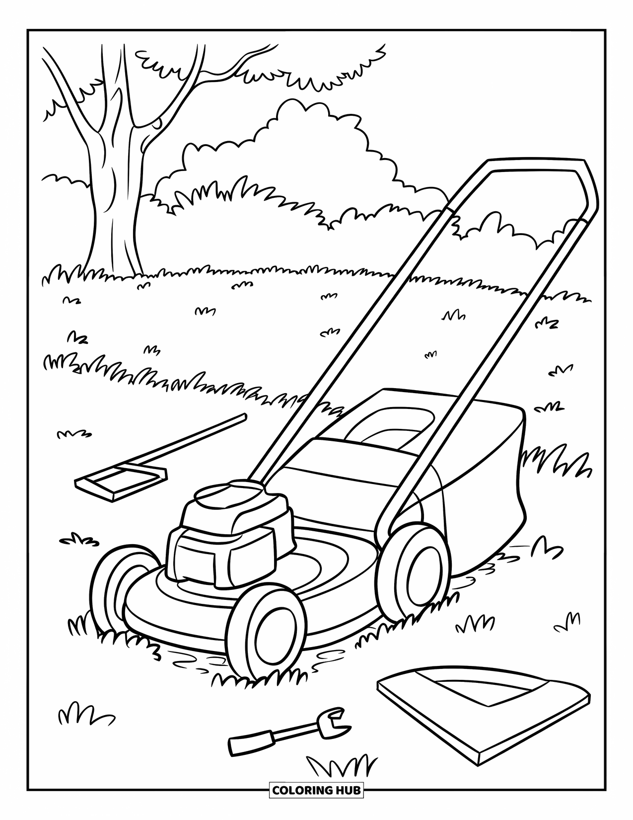 Lawn Mower Coloring Page for Kids: Mower left halfway on an overgrown lawn with tools scattered nearby