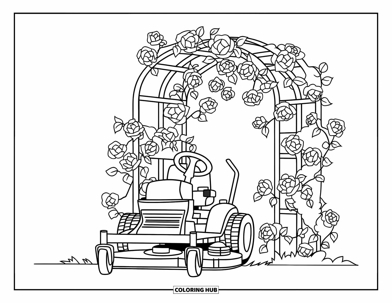 Lawn Mower Coloring Page for Kids: Mower parked beside a trellis filled with blooming climbing roses