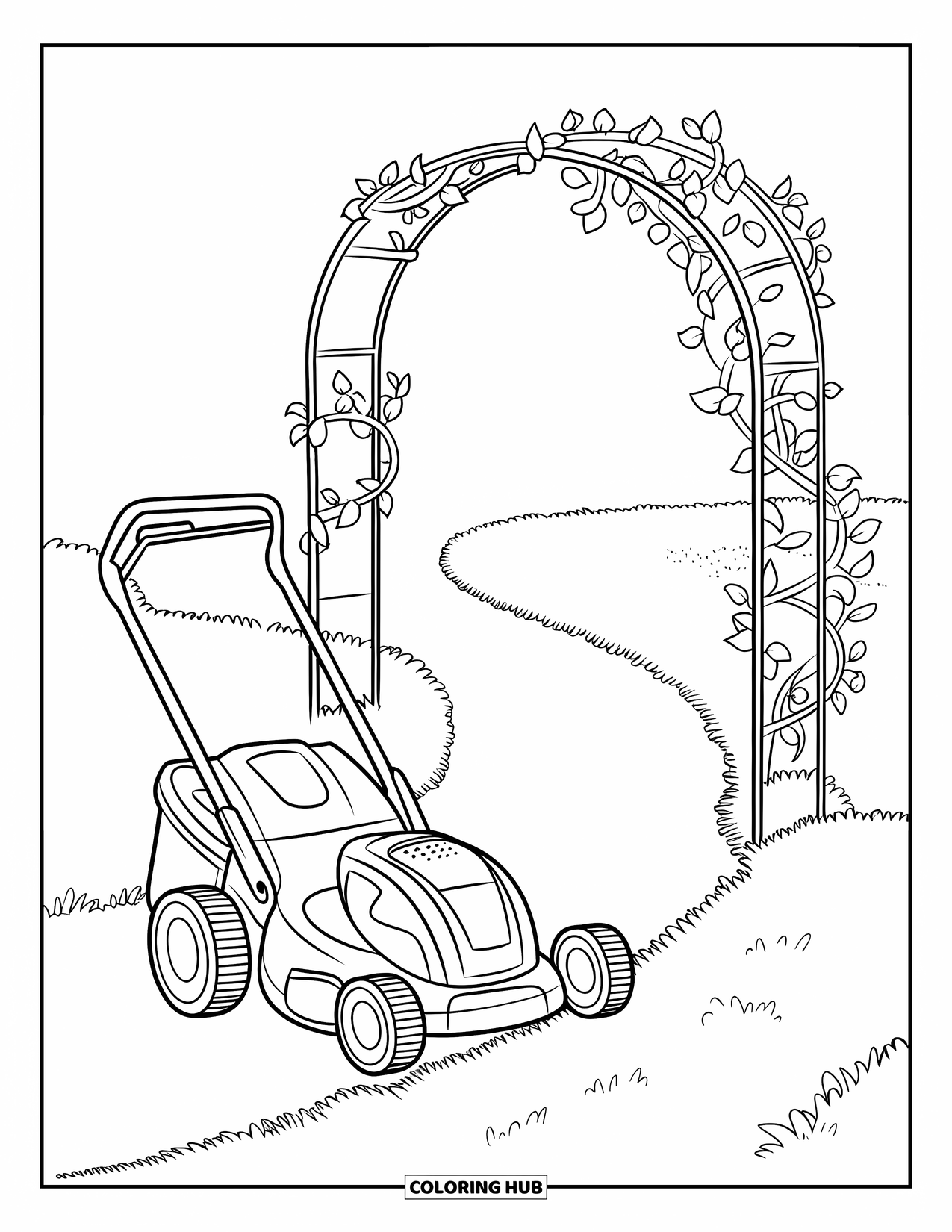 Lawn Mower Coloring Page for Kids: Mower parked near a vine-covered arch with a gravel path