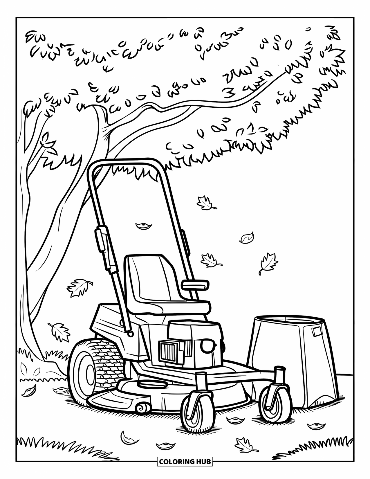 Lawn Mower Coloring Page for Kids: Mower parked under a tree with falling leaves and a compost bag
