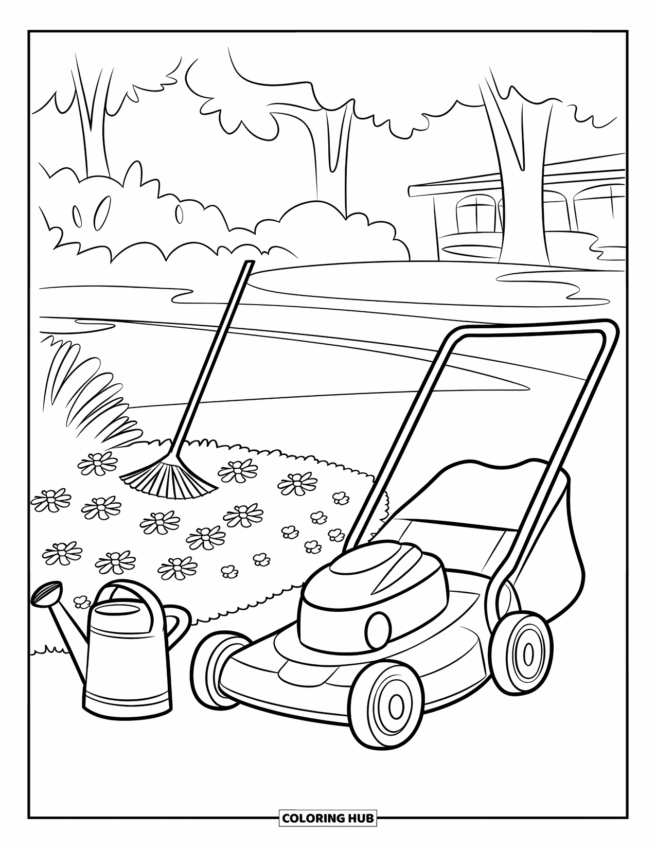 Lawn Mower Coloring Page for Kids: Mower rests near a flower garden with a rake and watering can