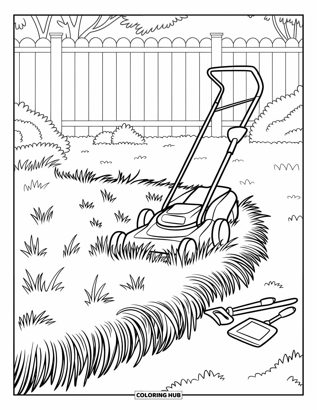 Lawn Mower Coloring Page for Kids: Mower rests on uneven grass with weeds and a white fence behind