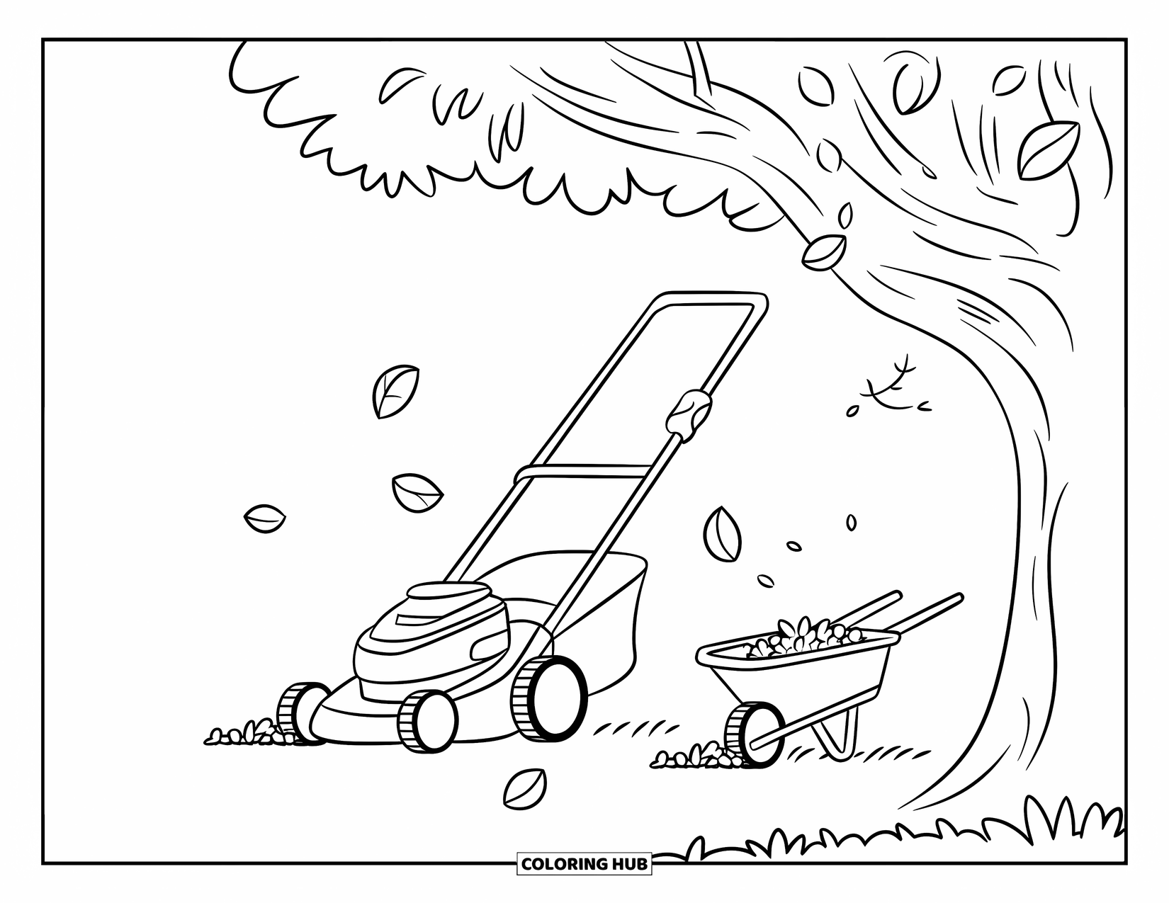 Lawn Mower Coloring Page for Kids: Mower stands near a tree with falling leaves and a full wheelbarrow