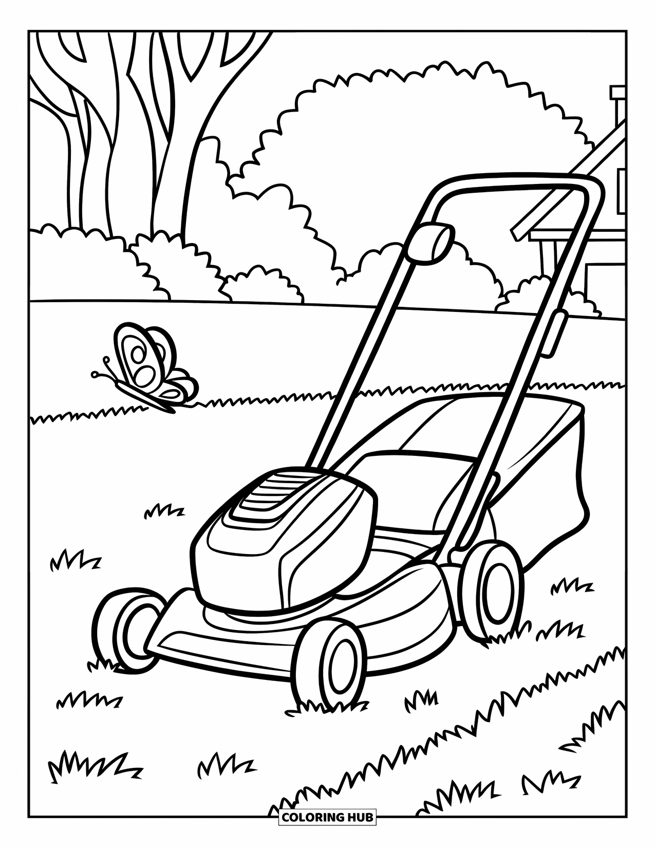 Lawn Mower Coloring Page for Kids: Push mower cuts grass as a butterfly floats nearby near trees and a house