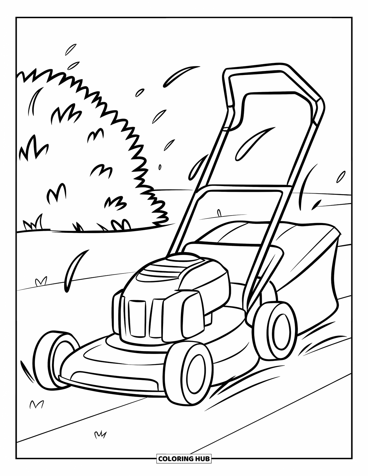 Lawn Mower Coloring Page for Kids: Push mower in motion sprays grass as it passes a bush in the yard