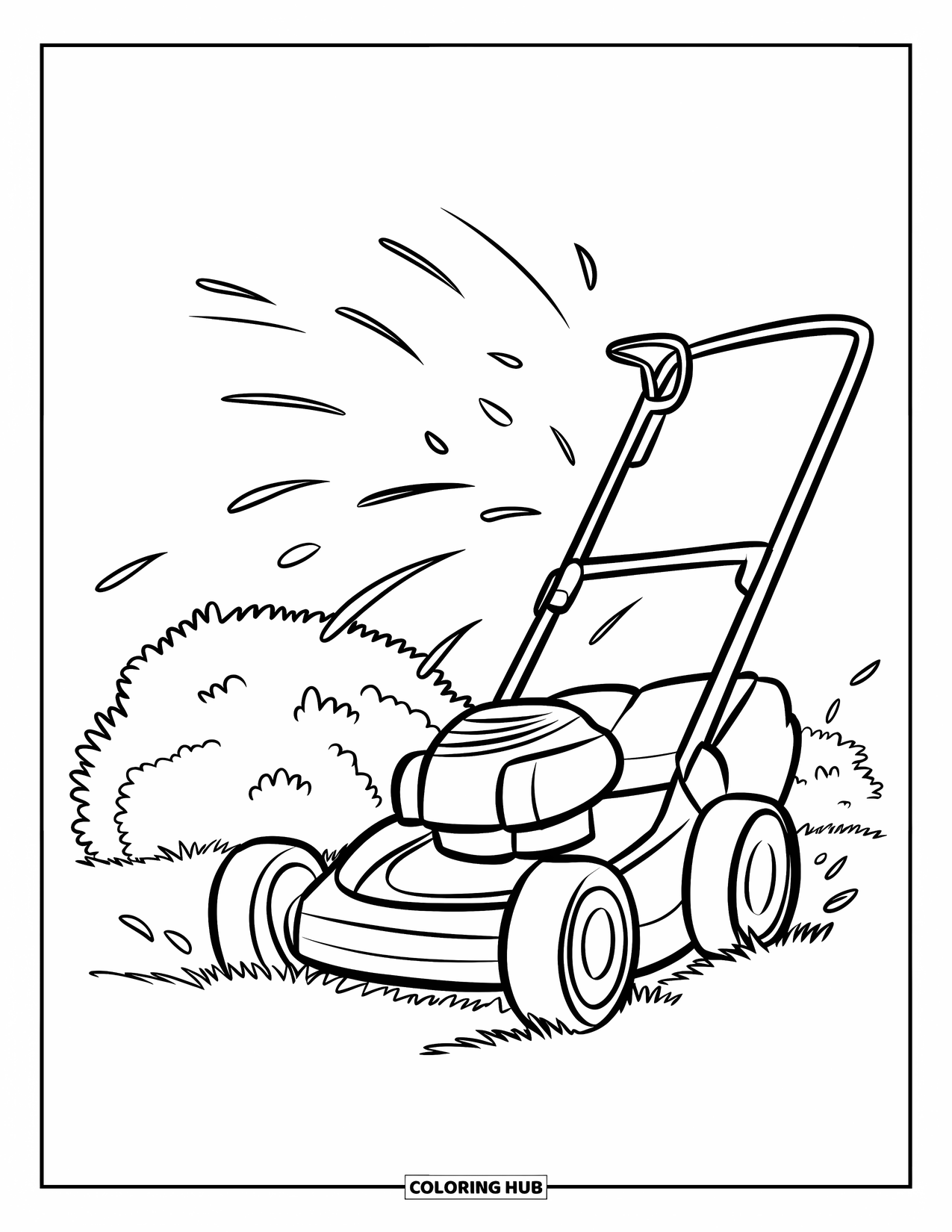 Lawn Mower Coloring Page for Kids: Push mower zooms by with grass clippings flying behind and a bush nearby