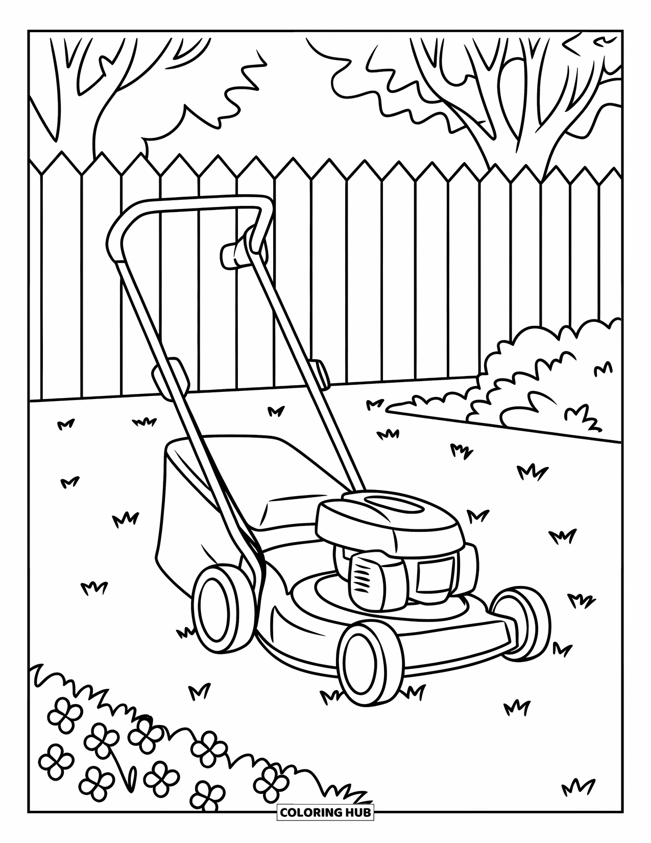 Lawn Mower Coloring Page for Kids: Red and yellow mower sits in a grassy yard with flower patches and trees