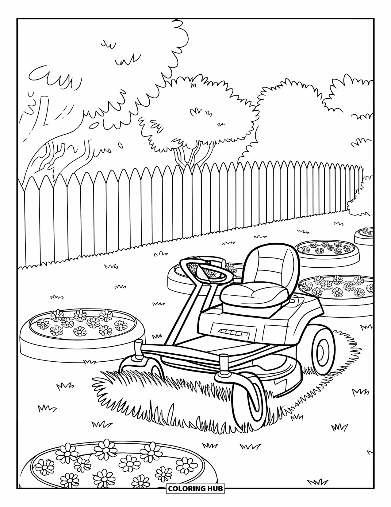 Lawn Mower Coloring Page for Kids: Ride-on mower trims grass around circular flower beds and trees