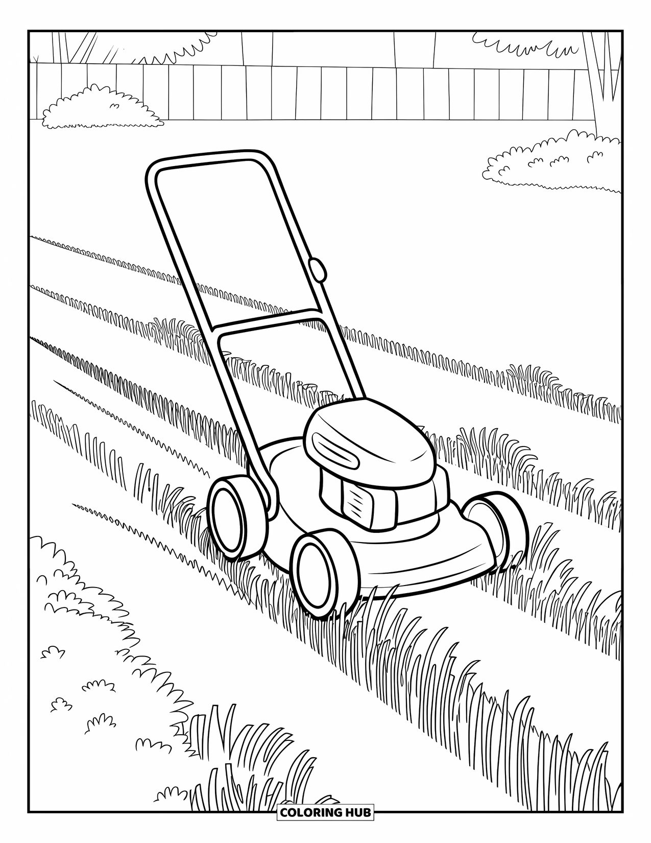 Lawn Mower Coloring Page for Kids: Round mower rolls through striped grass of different heights