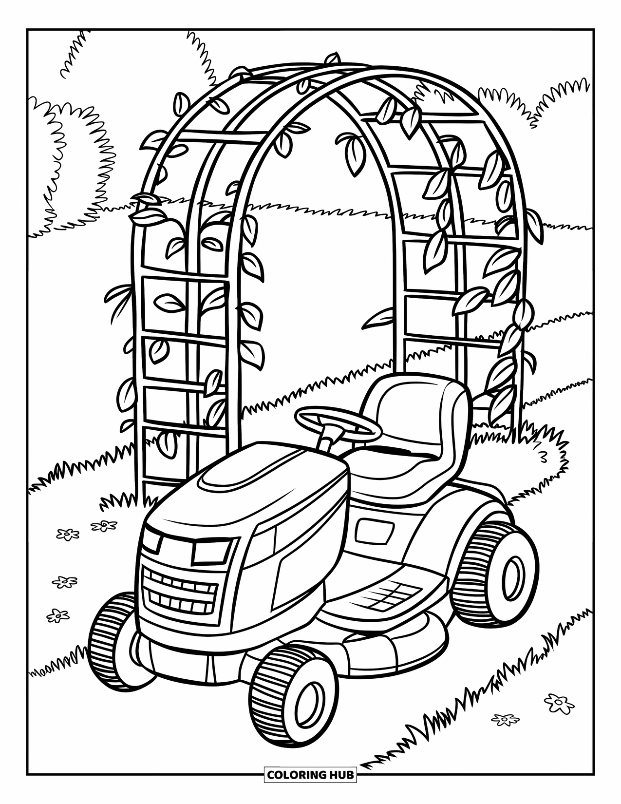 Lawn Mower Coloring Page for Kids: Rounded mower parked beside a garden archway covered in vines