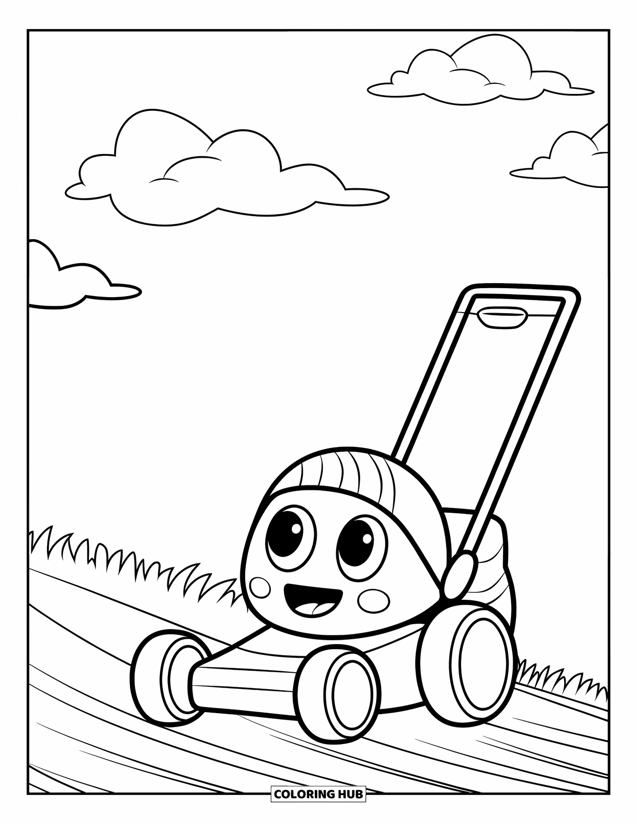 Lawn Mower Coloring Page for Kids: Smiling mower with a helmet stands by clean grass under a cloudy sky