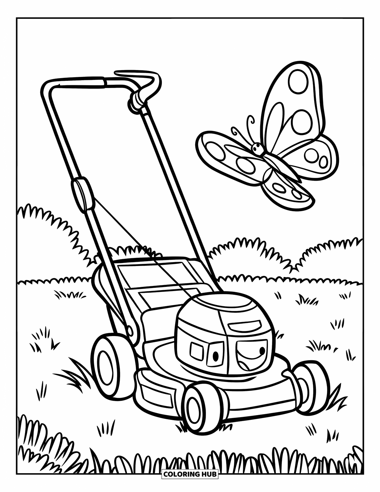 Lawn Mower Coloring Page for Kids: Smiling mower with a polka-dot shirt cuts grass as a butterfly flies past