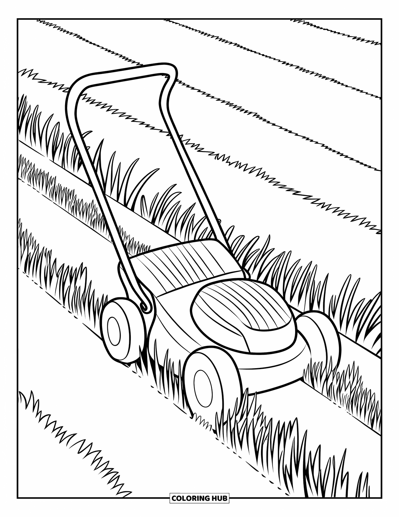 Lawn Mower Coloring Page for Kids: Striped grass surrounds a mower cutting tall and short blades