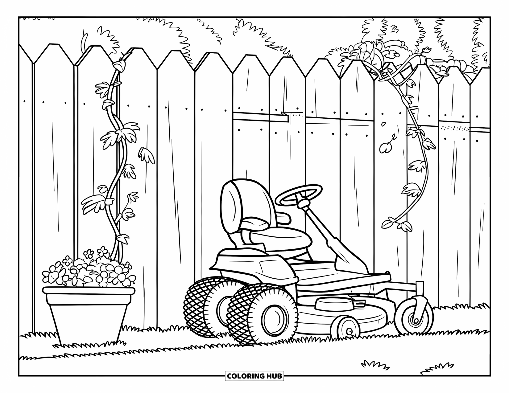 Lawn Mower Coloring Page for Kids: Textured fence and flower pot sit beside a simply designed mower