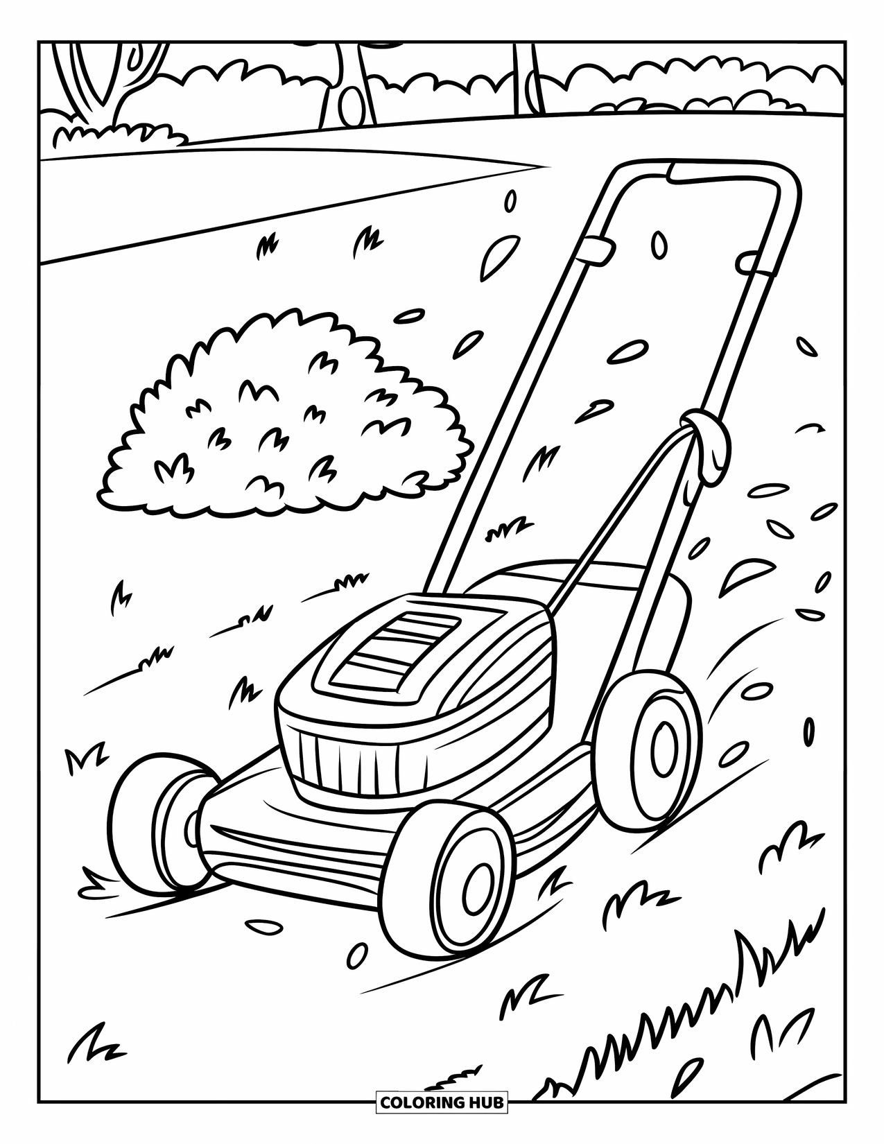 Lawn Mower Coloring Page for Kids: Wooden push mower with a friendly face cuts grass beside a bush and trees