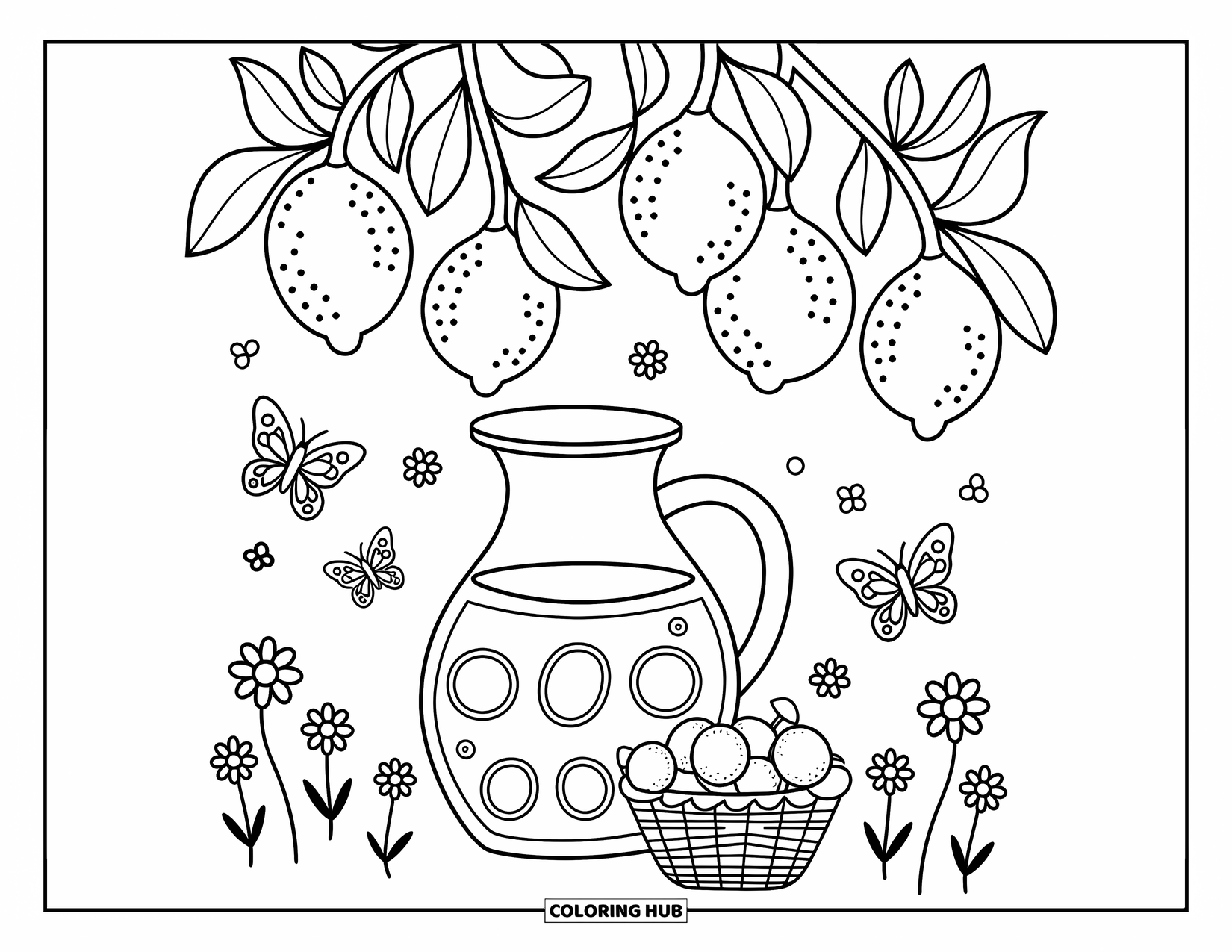 Lemonade Coloring Page for Adults: Jug of lemonade rests under a lemon tree with flowers, butterflies, and a cozy basket