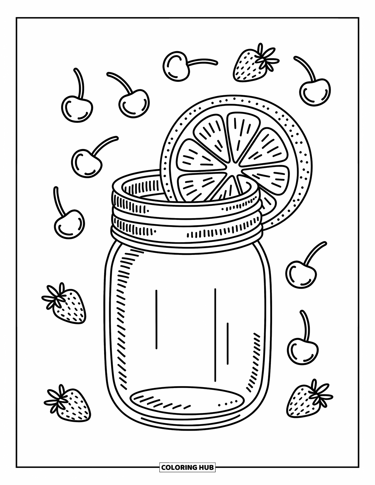 Lemonade Coloring Page for Adults: Kawaii mason jar with lemon slice and tiny fruits playfully floating nearby