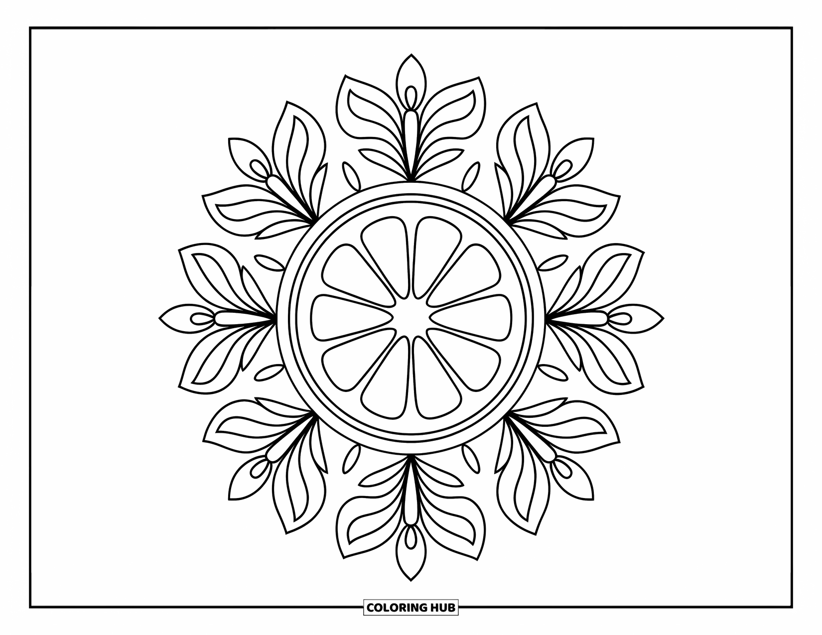 Lemonade Coloring Page for Adults: Lemon half glows at the center of intricate floral patterns