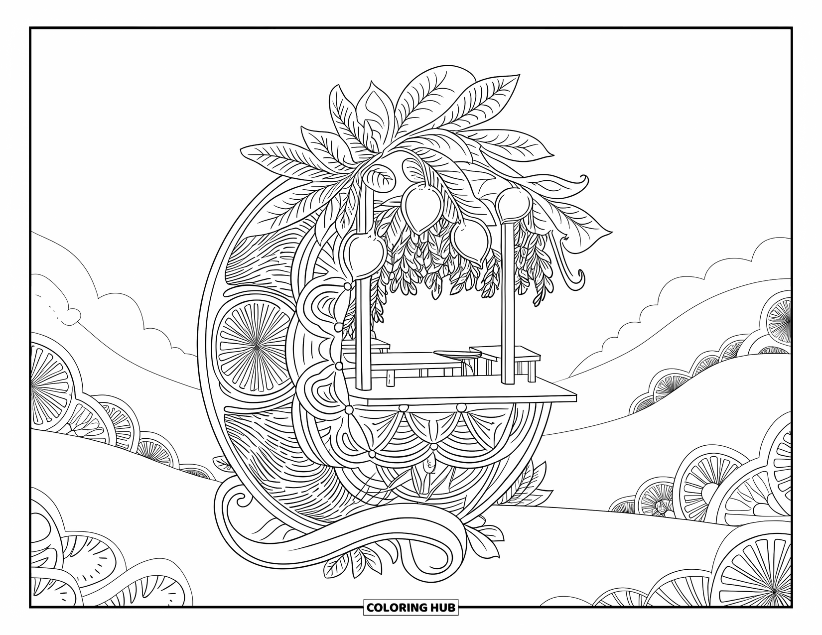 Lemonade Coloring Page for Adults: Lemon-shaped stand with foliage and mandala patterns in a peaceful hillside view