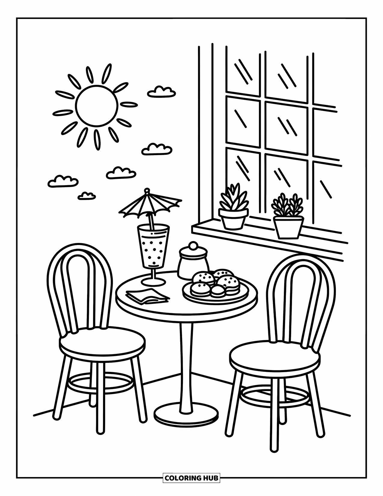 Lemonade Coloring Page for Adults: Lemonade and pastries sit on a tiny café table by a sunny window