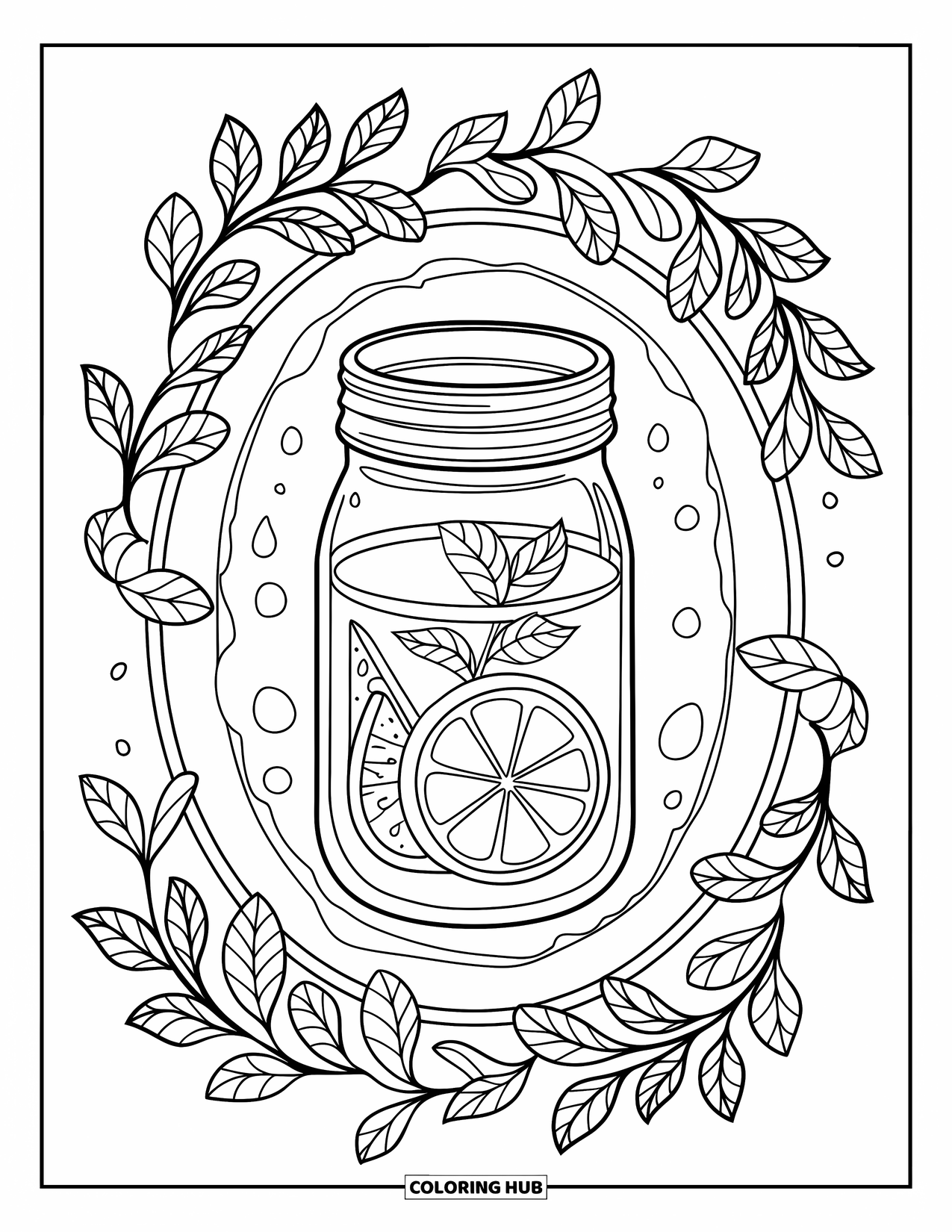 Lemonade Coloring Page for Adults: Lemonade jar with fruit and mint framed by leafy, ornate details