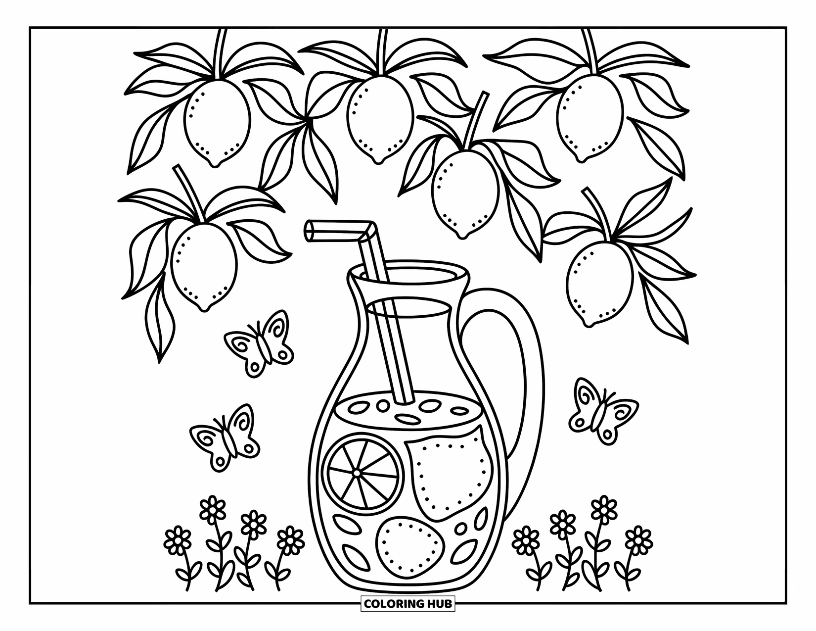 Lemonade Coloring Page for Adults: Lemonade jug sits under a lemon tree with butterflies and tiny flowers nearby