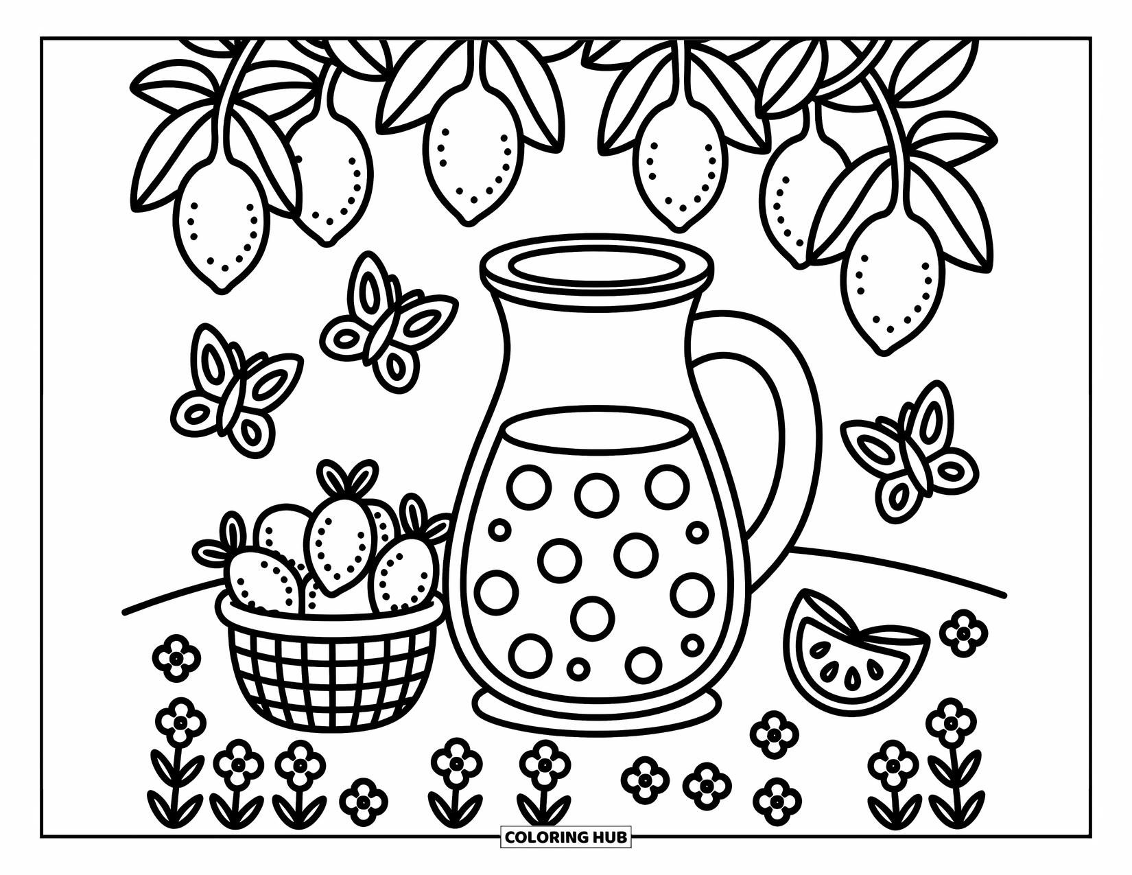 Lemonade Coloring Page for Adults: Lemonade jug under a lemon tree with fluttering butterflies and a full basket