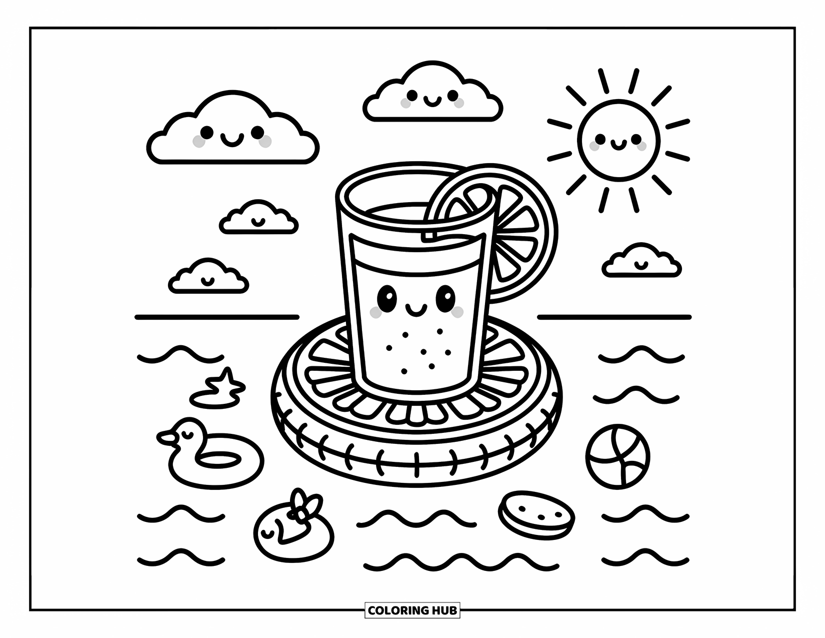 Lemonade Coloring Page for Adults: Lemonade on a lemon float surrounded by pool toys and happy clouds
