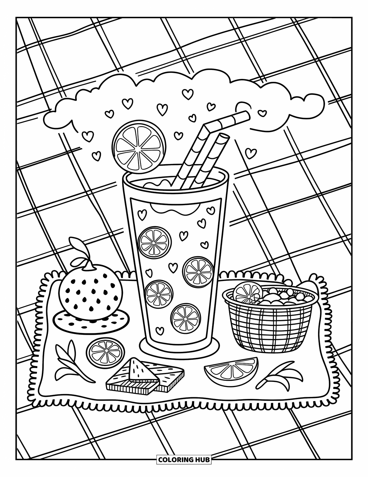 Lemonade Coloring Page for Adults: Lemonade picnic scene with a tall glass, swirly straw, and lemon slices