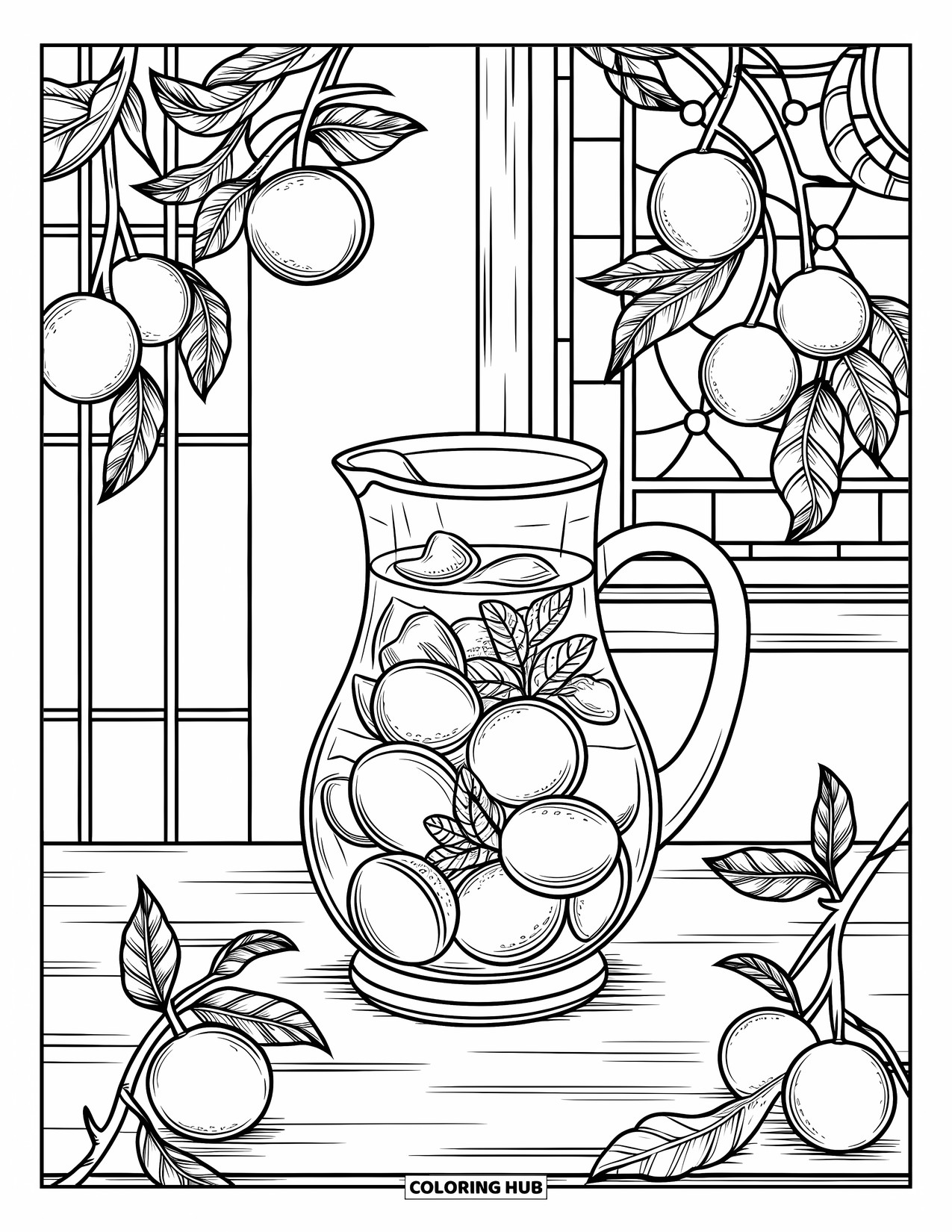 Lemonade Coloring Page for Adults: Lemonade pitcher with citrus vines near a cozy kitchen window