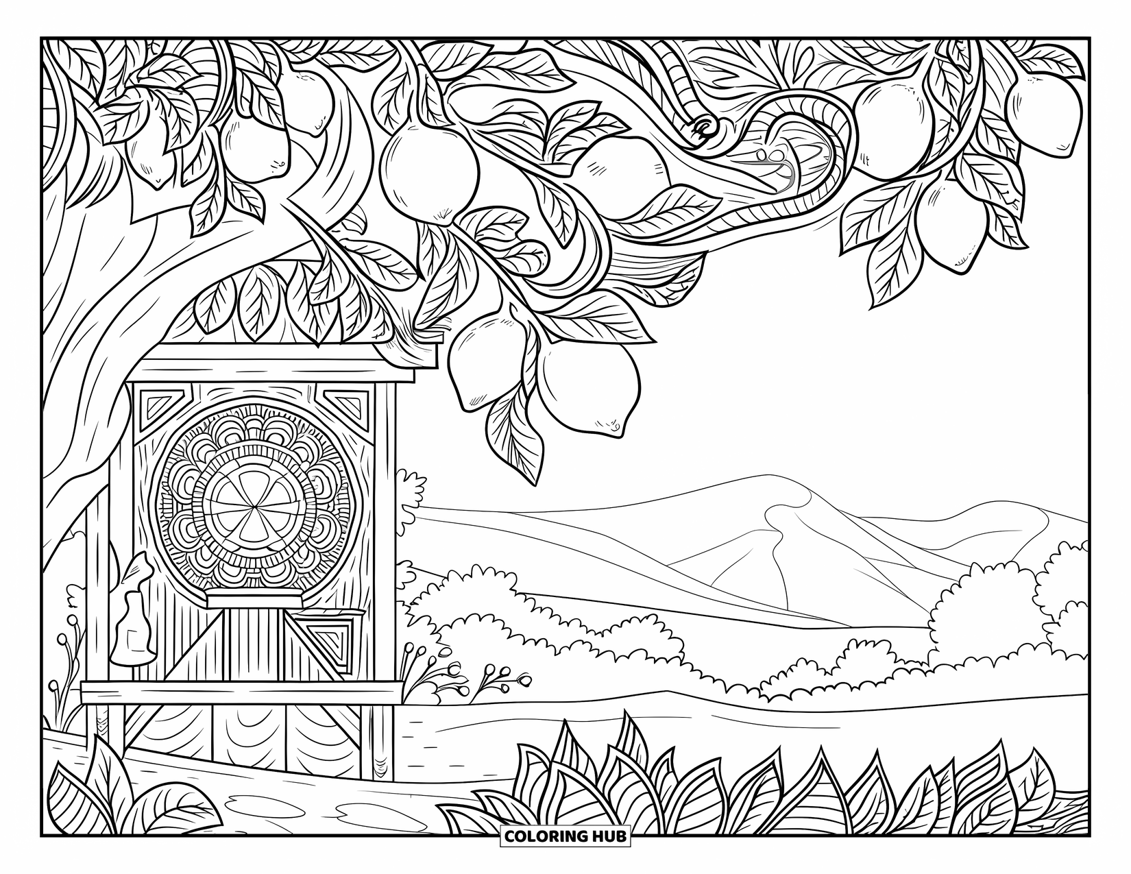 Lemonade Coloring Page for Adults: Lemonade stand surrounded by greenery, lemons, and swirling mandala curves