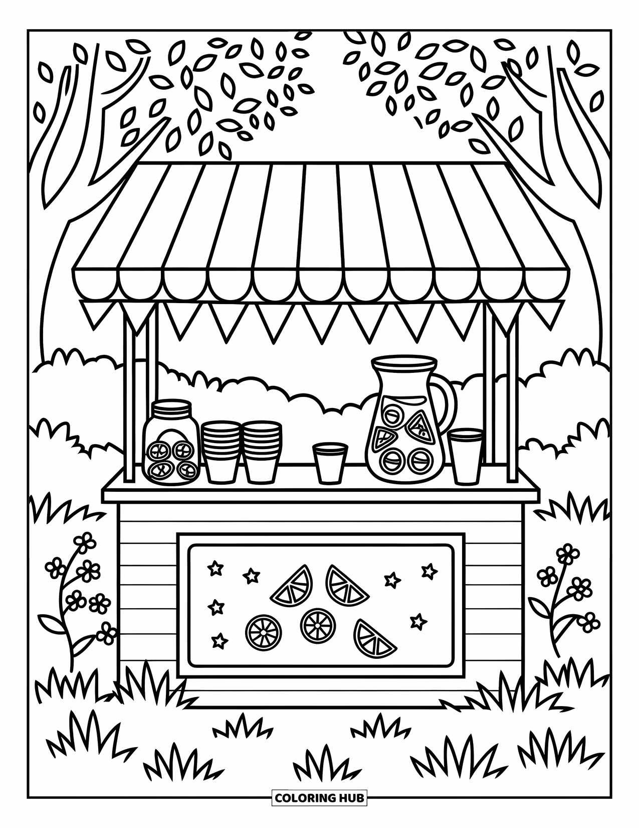 Lemonade Coloring Page for Adults: Lemonade stand with striped awning, jars, and a chalkboard full of doodles