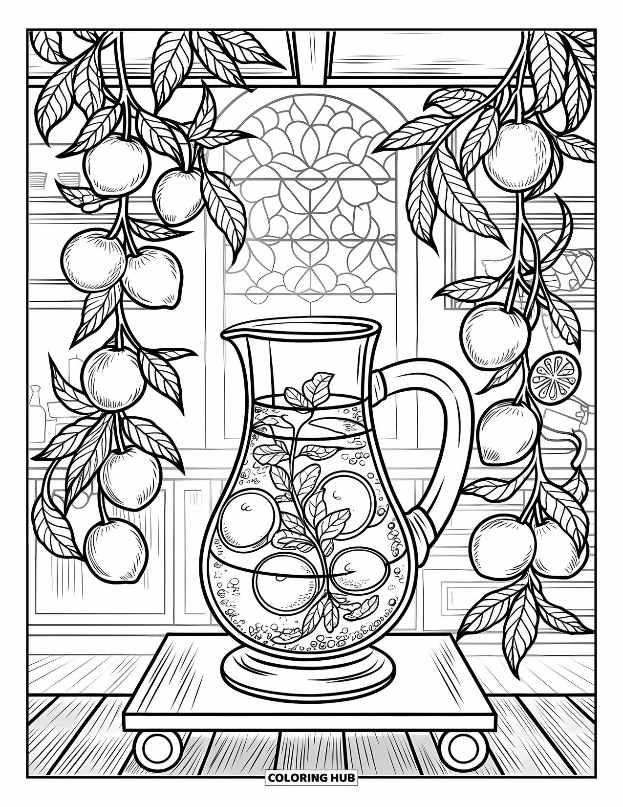 Lemonade Coloring Page for Adults: Rustic pitcher scene with vines, fruit slices, and leafy stained glass