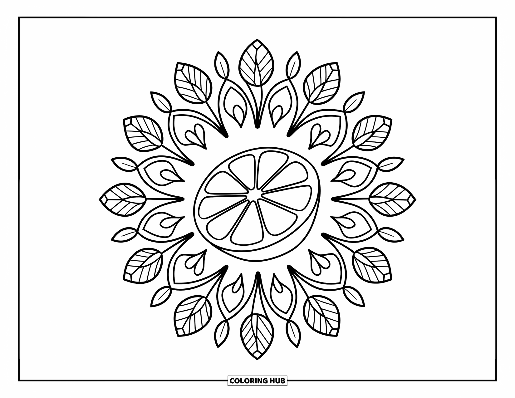 Lemonade Coloring Page for Adults: Sliced lemon sits at the center of floral patterns in a bright, simple scene