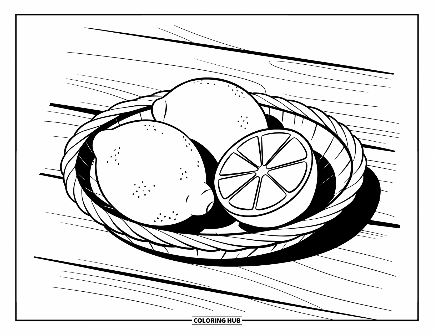 Lemonade Coloring Page for Kids: Basket of whole and sliced lemons placed on a wooden table