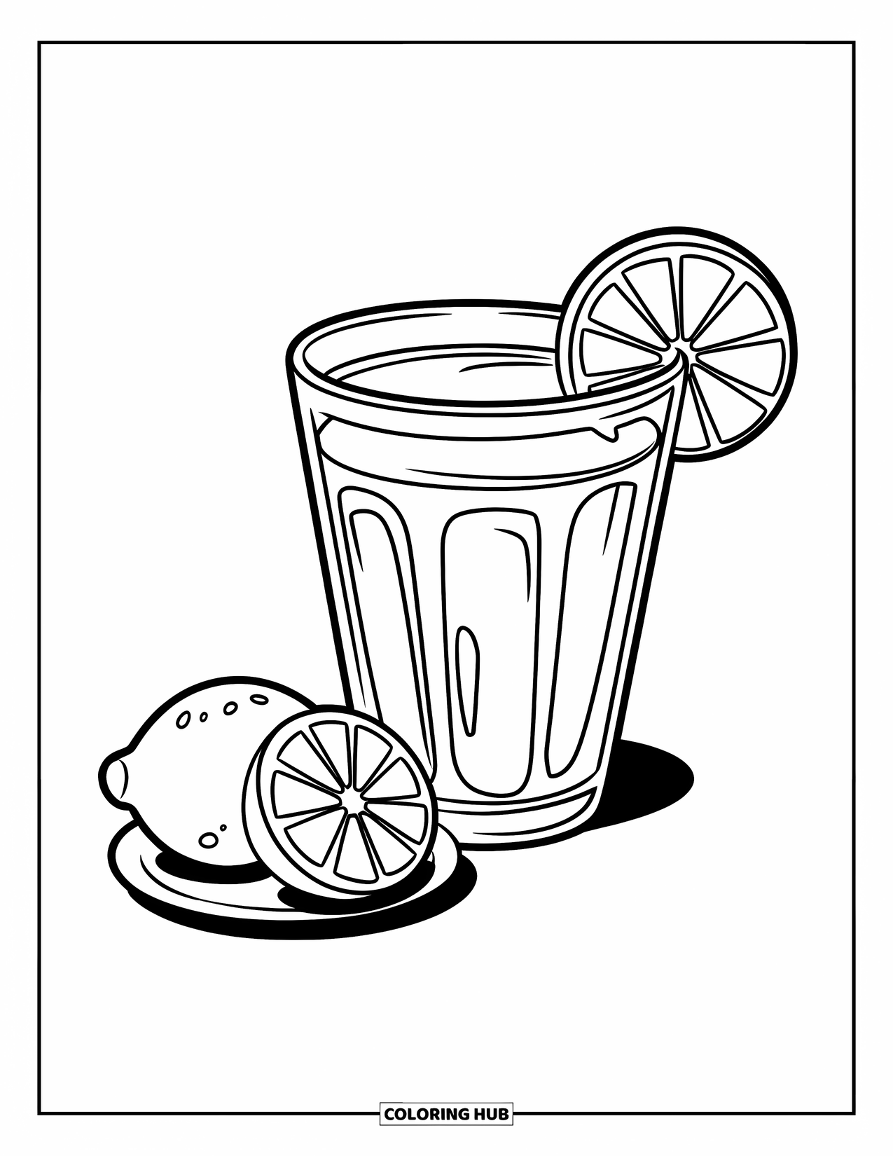 Lemonade Coloring Page for Kids: Big glass of lemonade with two lemon slices on the side