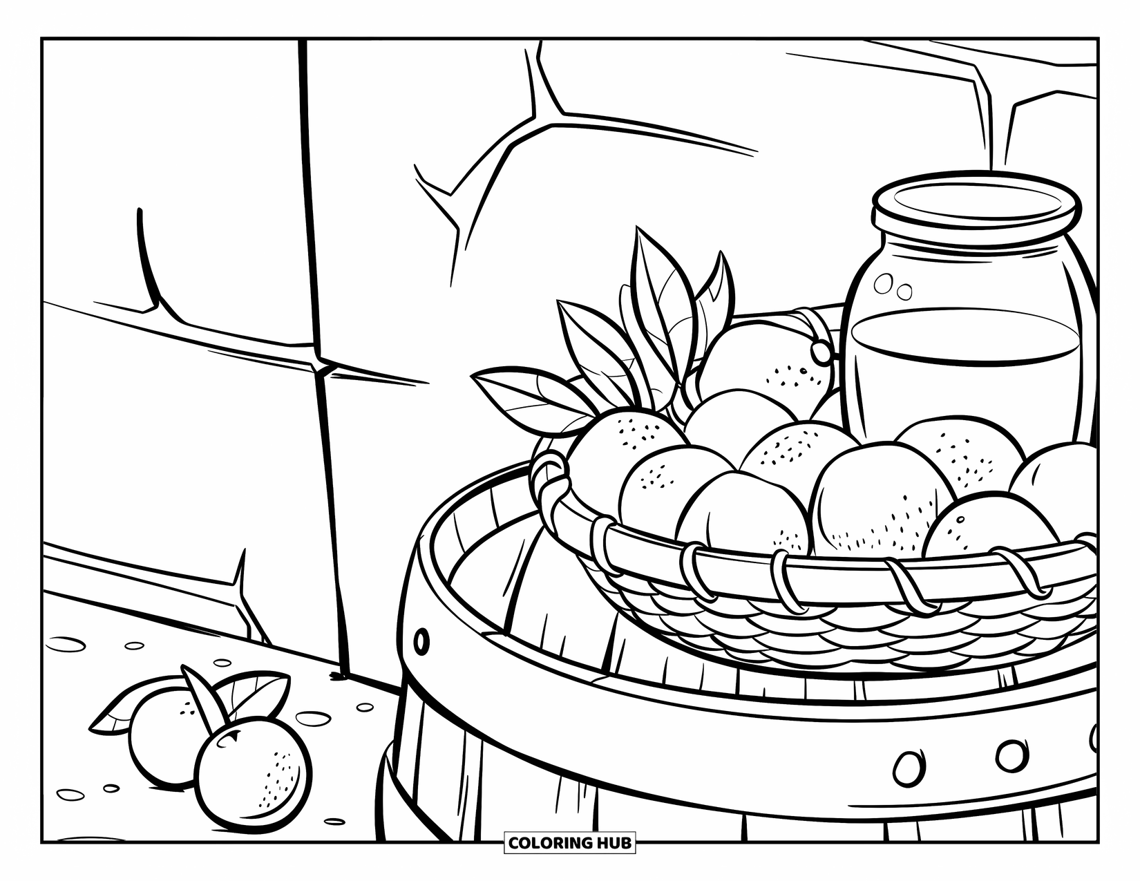 Lemonade Coloring Page for Kids: Citrus basket and jar rest on a barrel by a white wall
