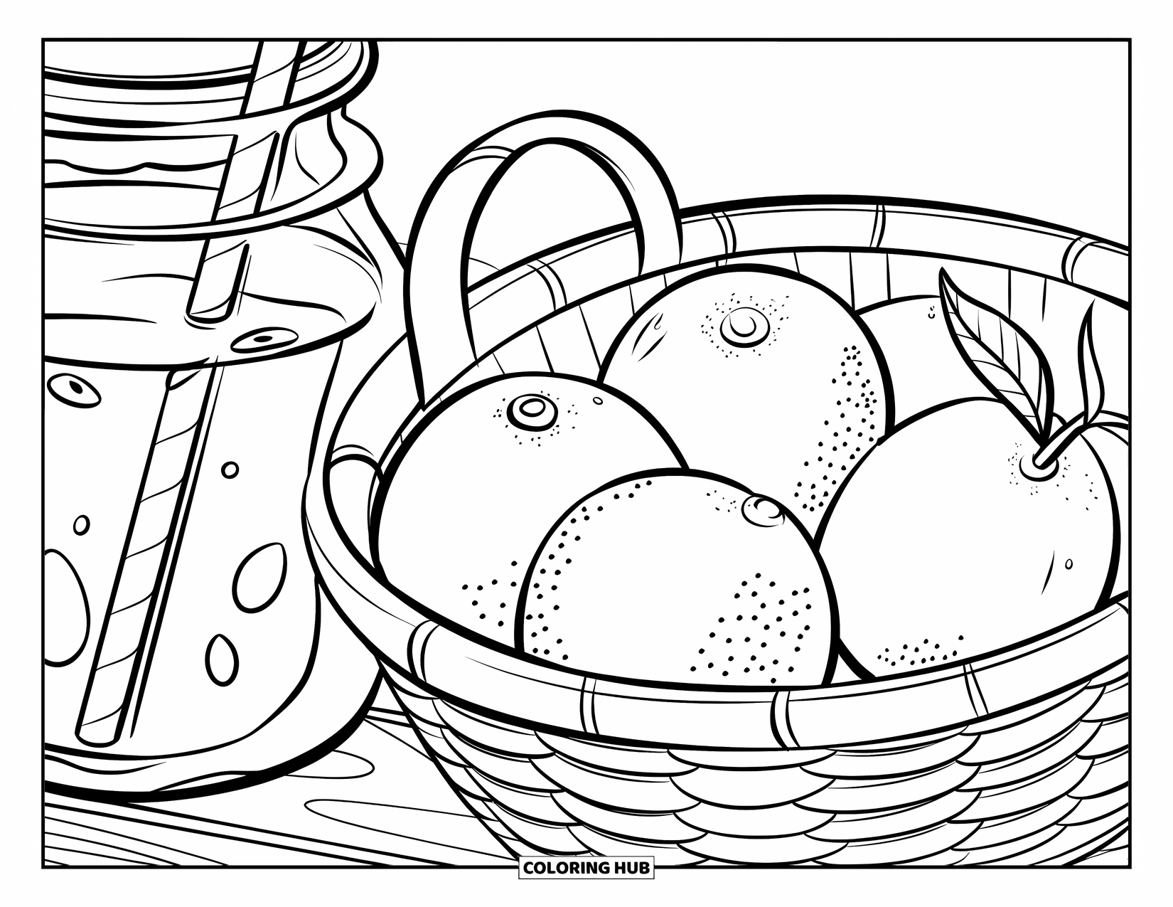 Lemonade Coloring Page for Kids: Citrus basket with lemons, oranges, and a lemonade jar on wood