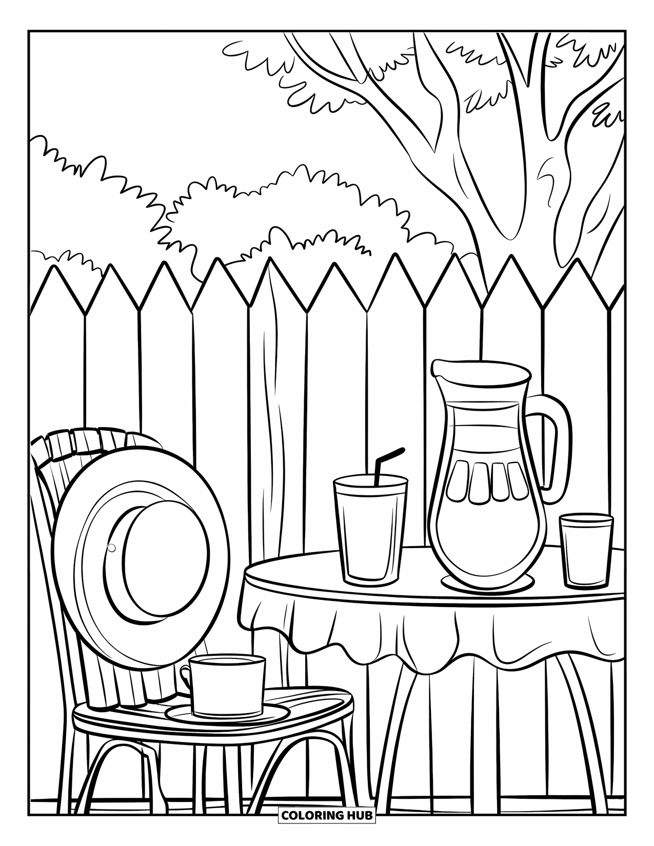 Lemonade Coloring Page for Kids: Cozy lemonade setup with a fan, sunhat, and pitcher on a table